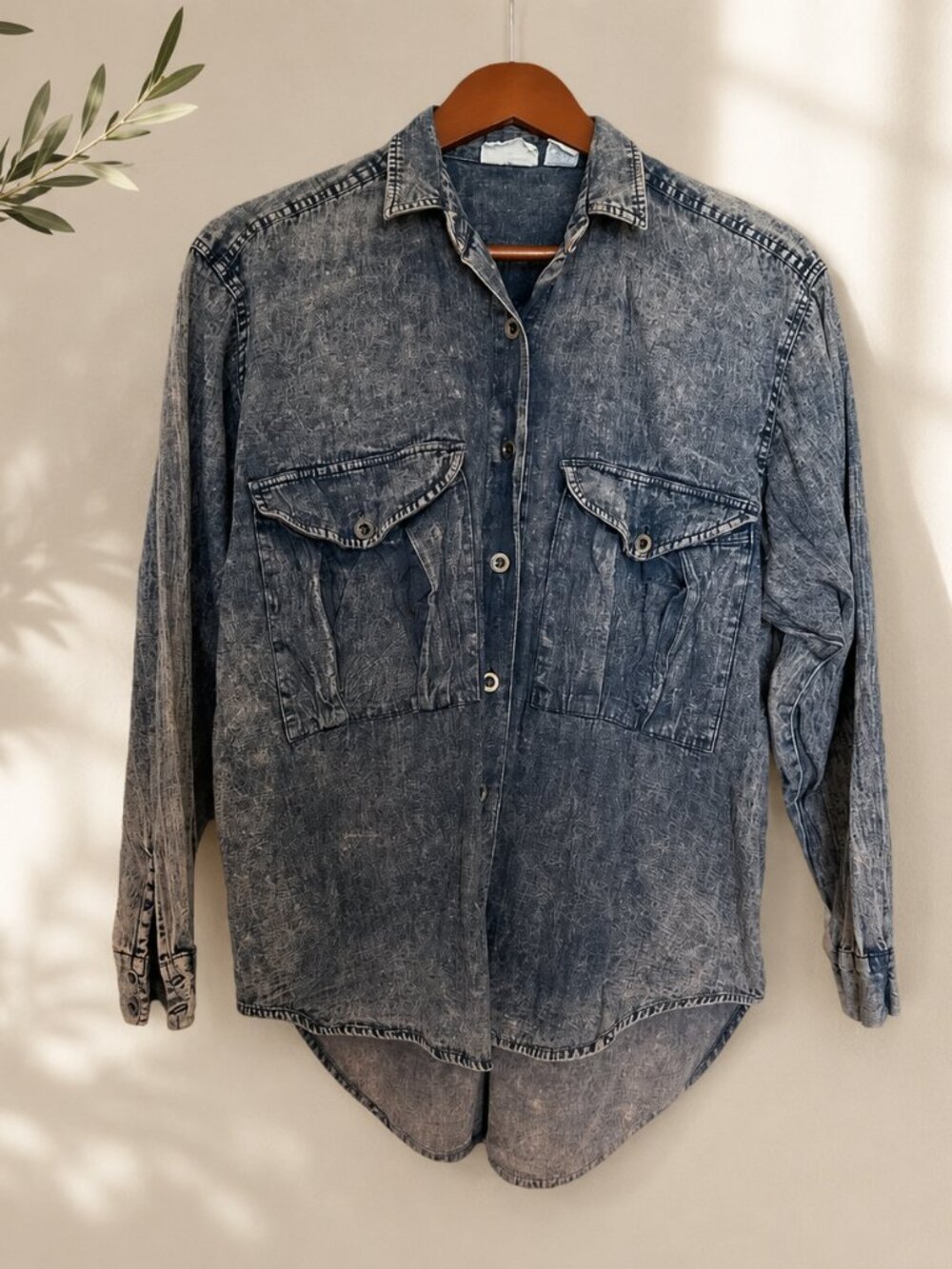 Vintage 80s Acid Wash Denim Shirt Mens M Western Button Down Cowboy Workwear